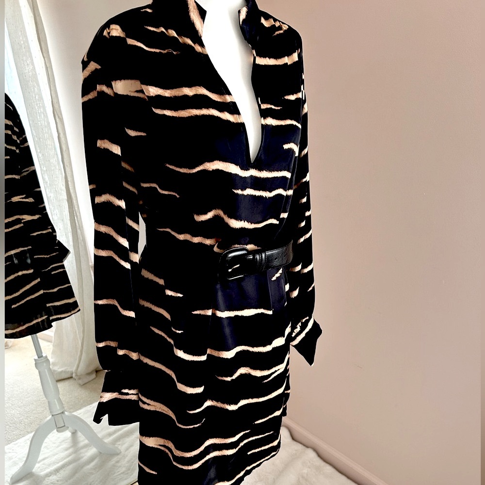 COPY - H&M oversized shirt size small black animal print silky style 35” long.